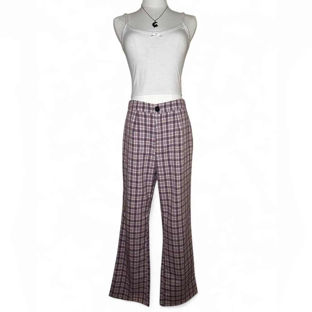 Wide-Leg Plaid Pants in Purple and White